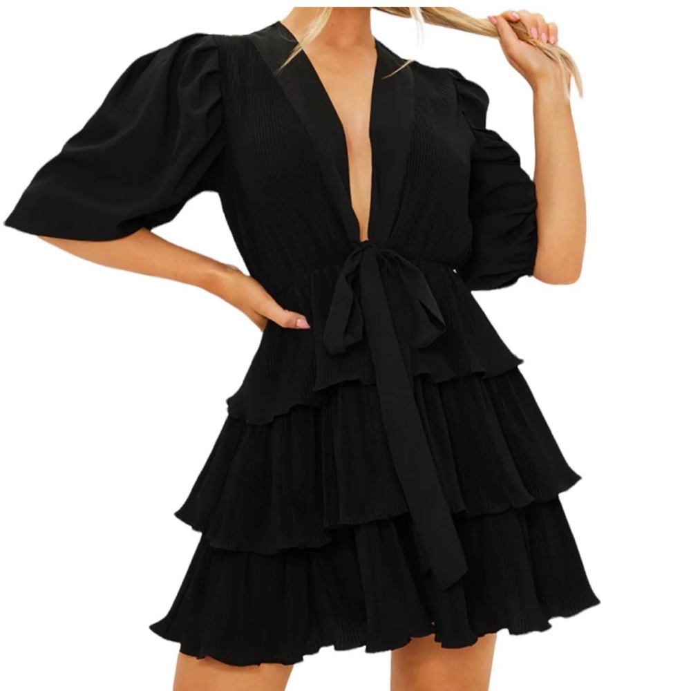 Puff sleeve pleated skater dress